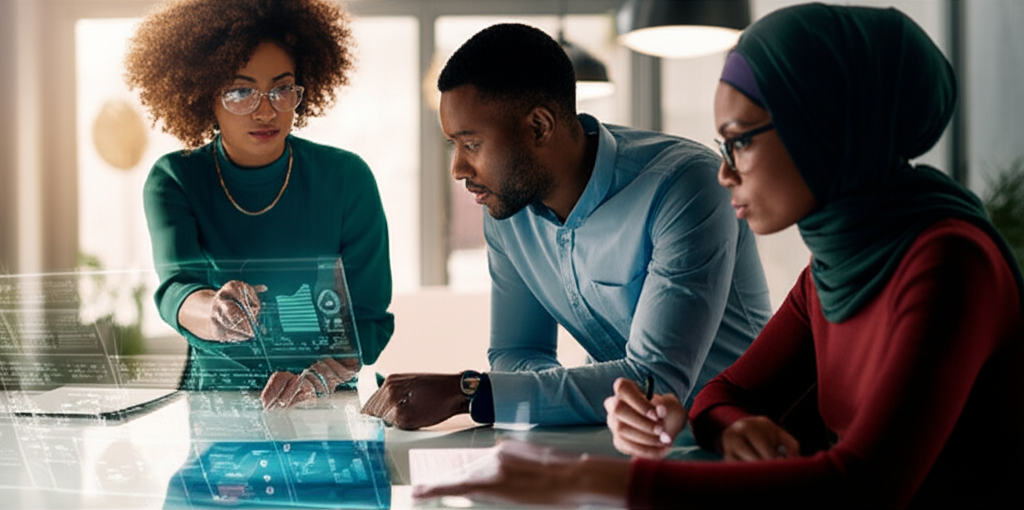 Diverse team collaborating on health solutions in a modern office